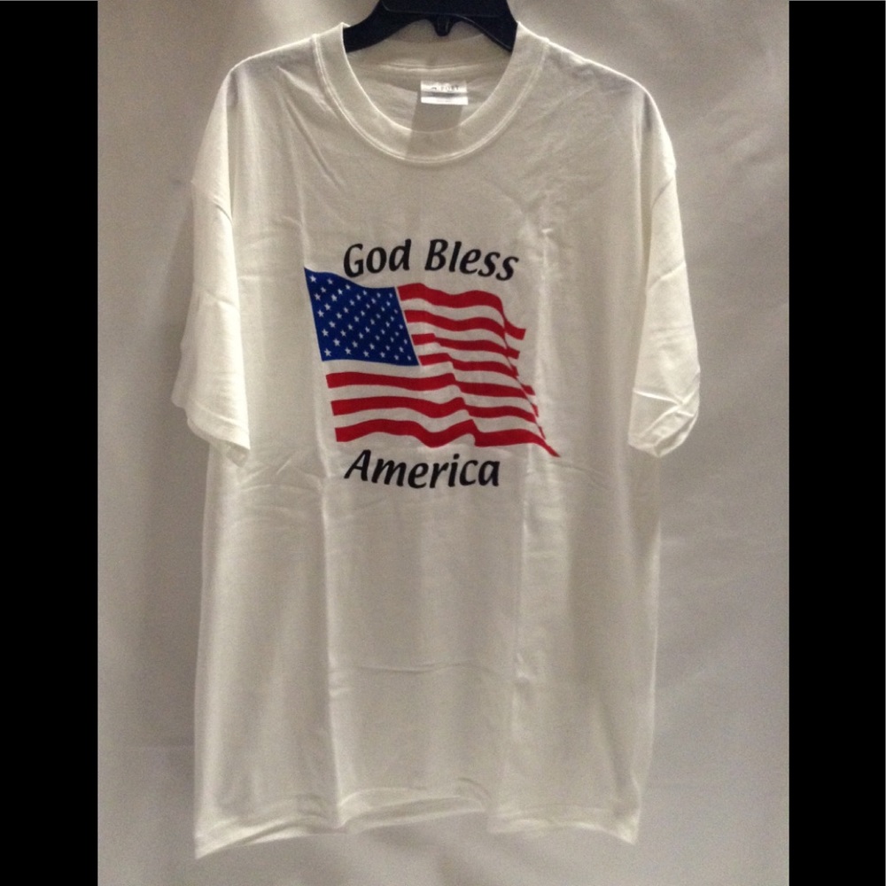 M to XL Patriotic USA flag white t-shirt unisex Hanes God bless America